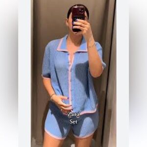Zara crochet knit Blue and Pink Top & shorts matching set size: Medium
